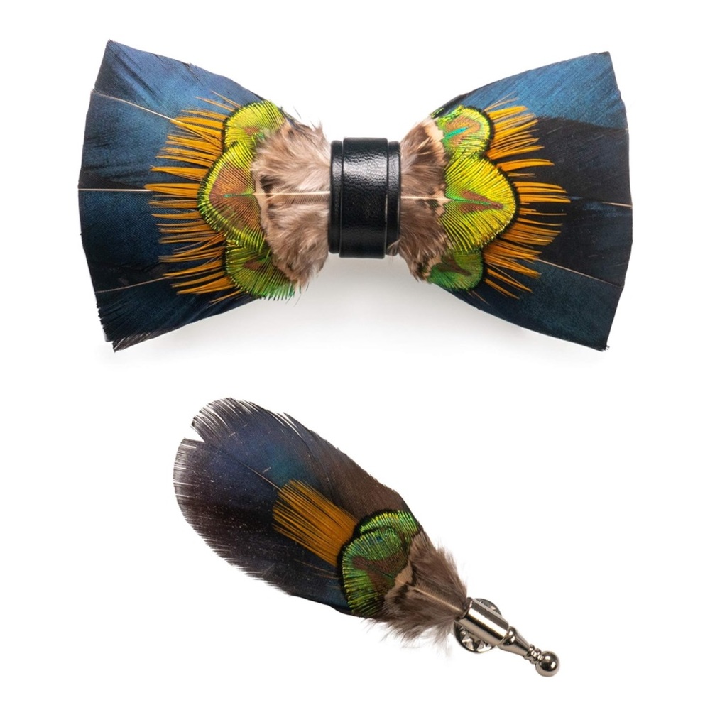Men’s handmade pre tied feather bow tie and matching lapel pin gift box set blue